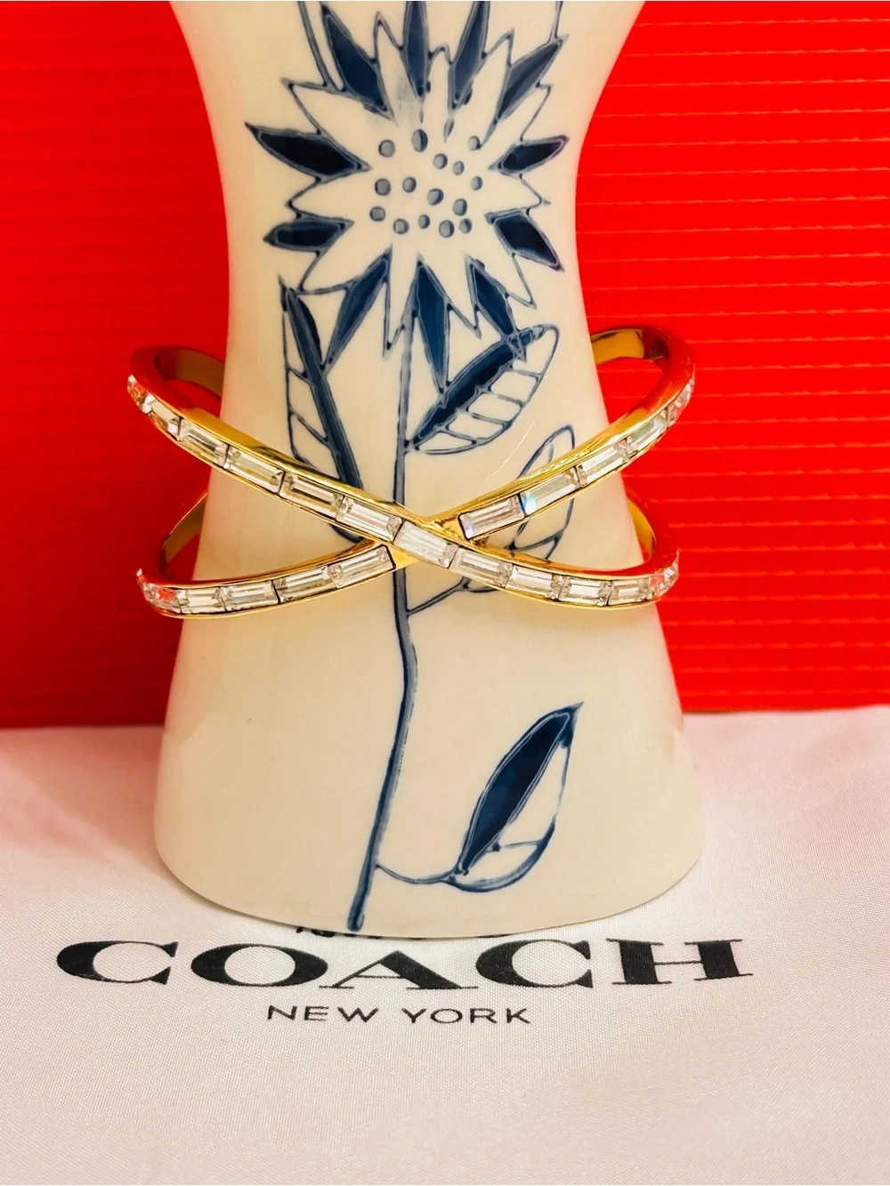 RARE Coach Gold Tone Crystal Crisscross Cuff Bracelet